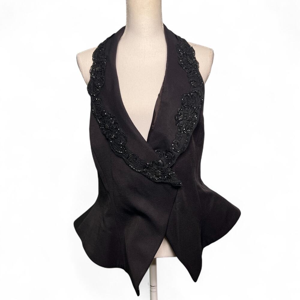 Vintage 80s Night Way Size 14 New Black Beaded Backless Evening Tuxedo Vest